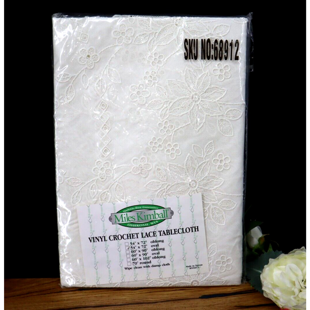 NEW Vintage Miles Kimball Vinyl Crochet Lace Tablecloth 54" x 72" Oval White